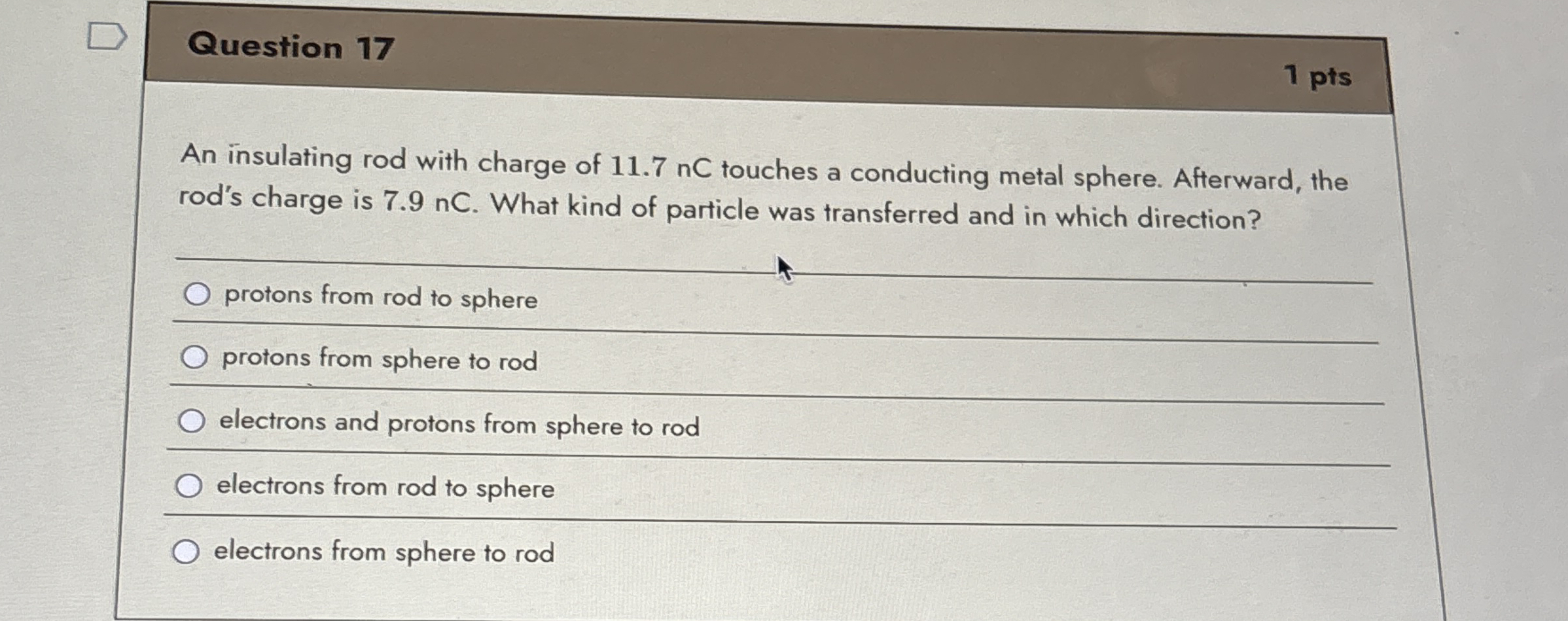Question 1 7 1 pts An insulating rod with charge