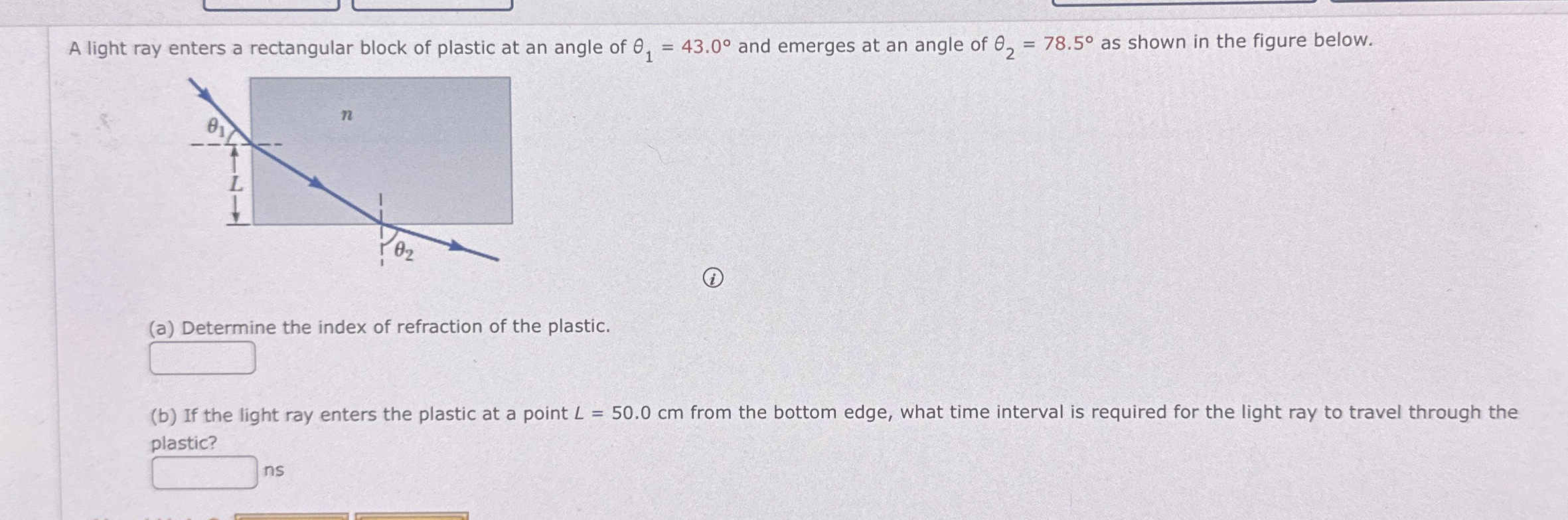 A light ray enters a rectangular block of plastic