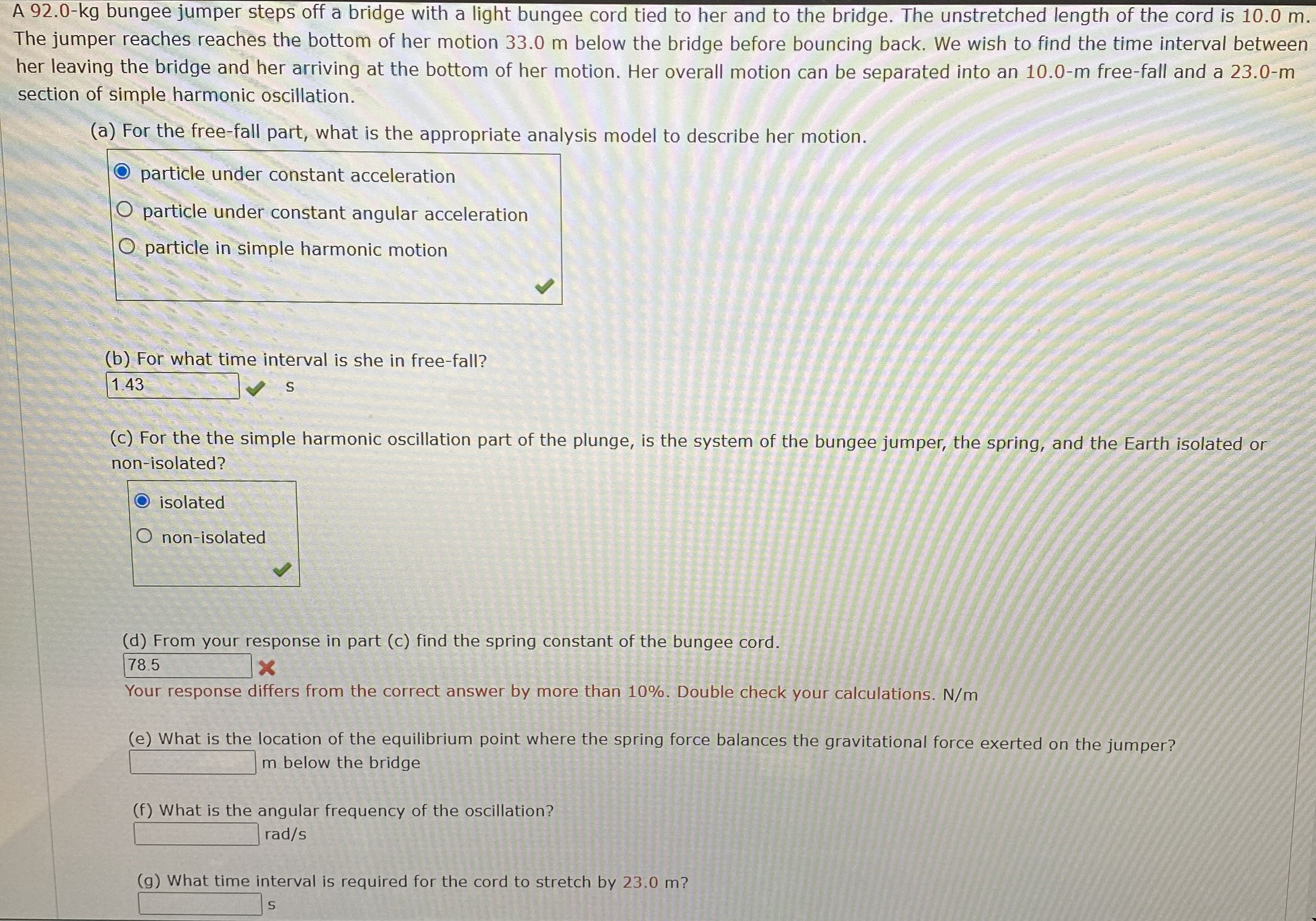 A 9 2 . 0 - kg bungee jumper steps off a bridge