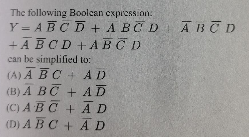 The following Boolean expression: Y = A b a r B b