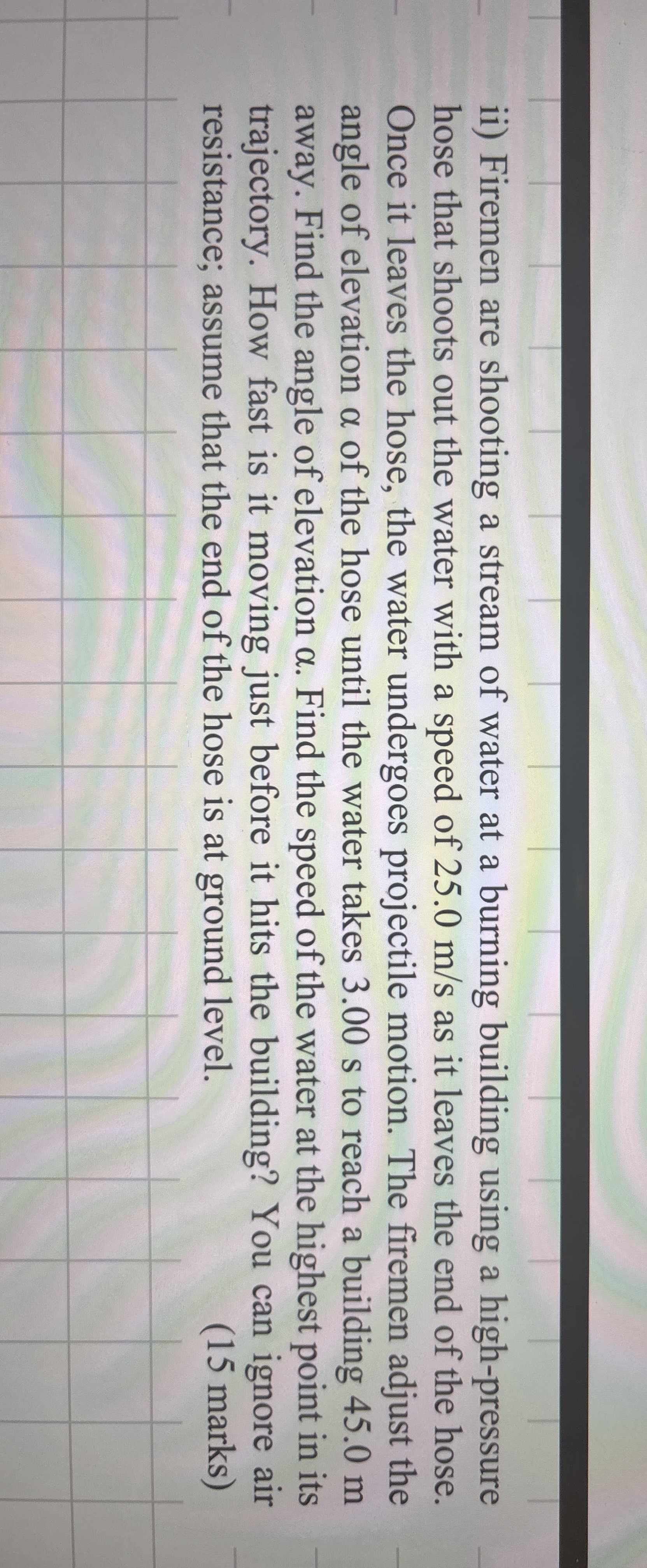 ii ) Firemen are shooting a stream of water at a