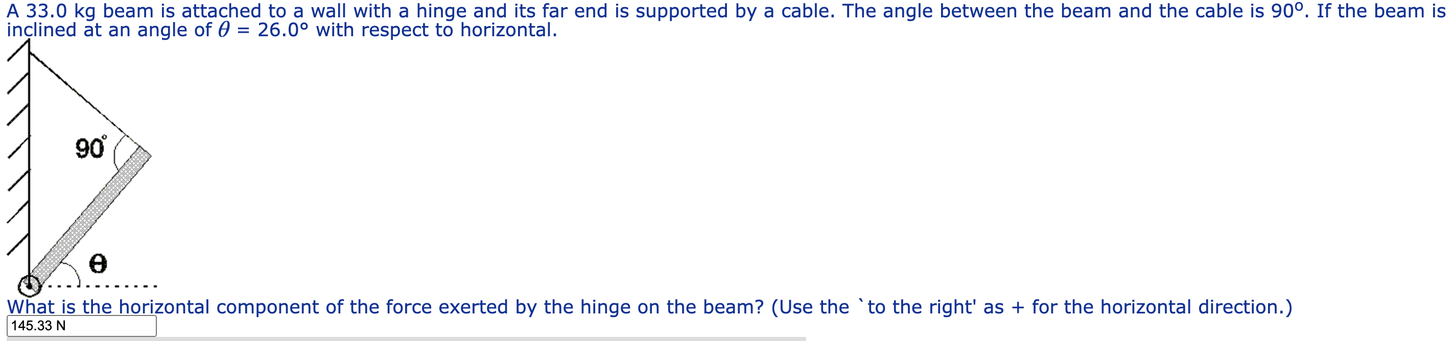 A 3 3 . 0 kg beam is attached to a wall with a