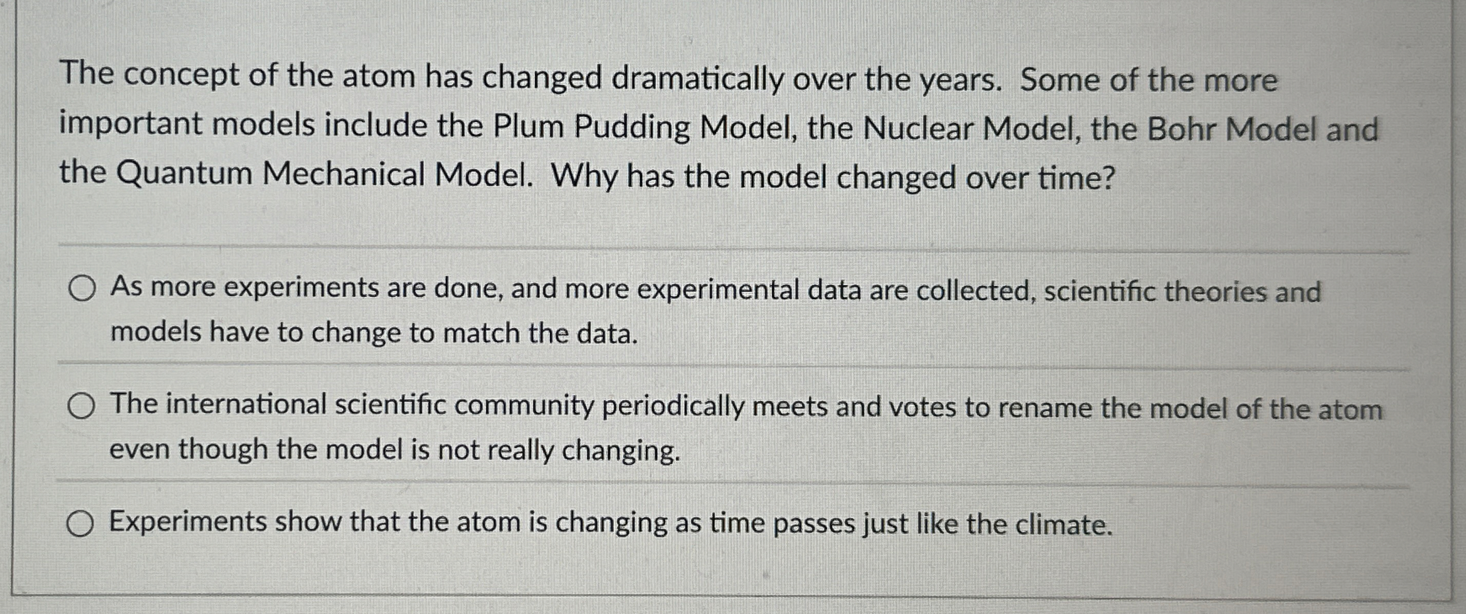 The concept of the atom has changed dramatically