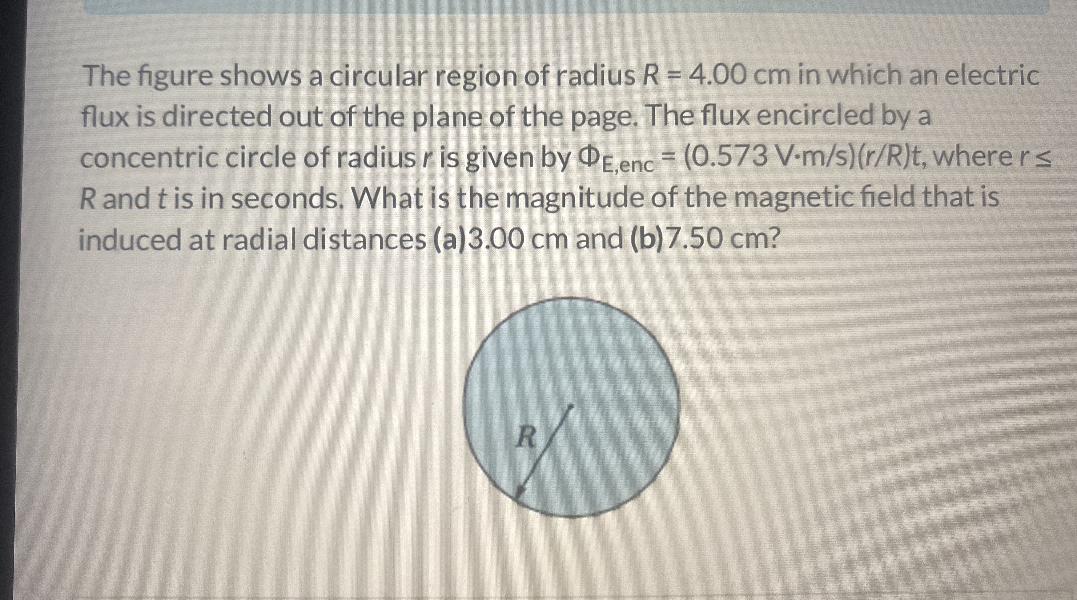 The figure shows a circular region of radius R =