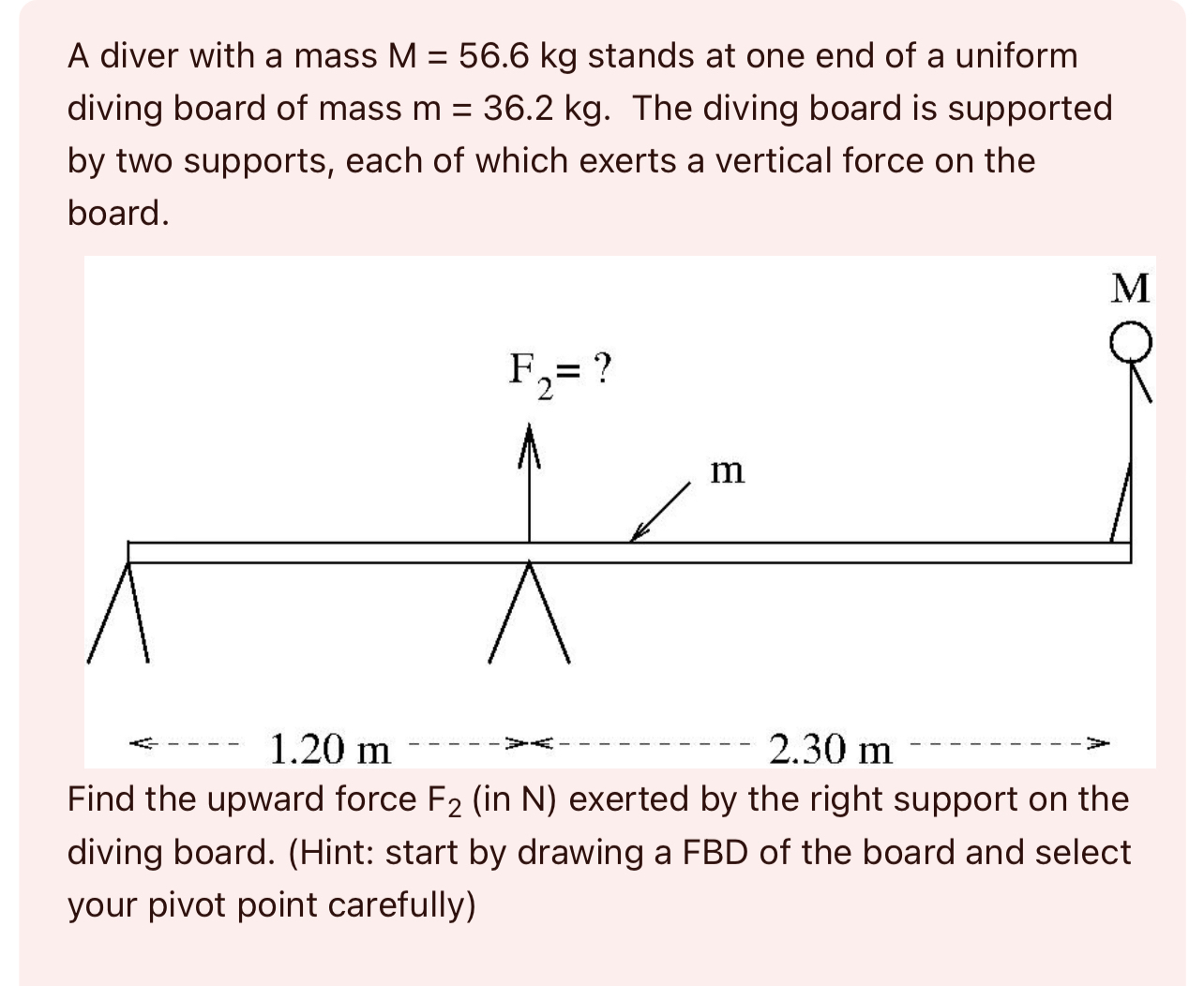 A diver with a mass M = 5 6 . 6 k g stands at one