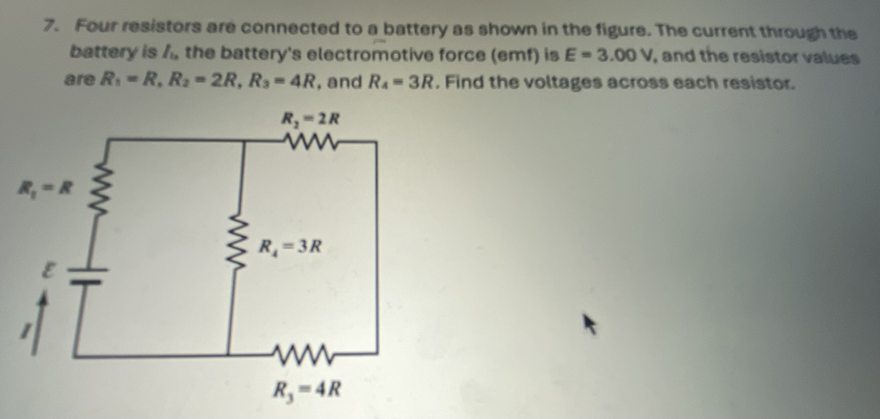 Four resistors are connected to a battery as