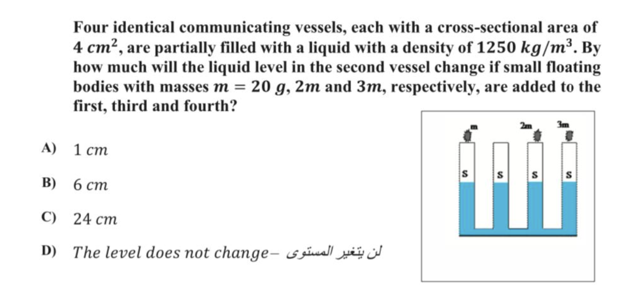 Four identical communicating vessels, each with a