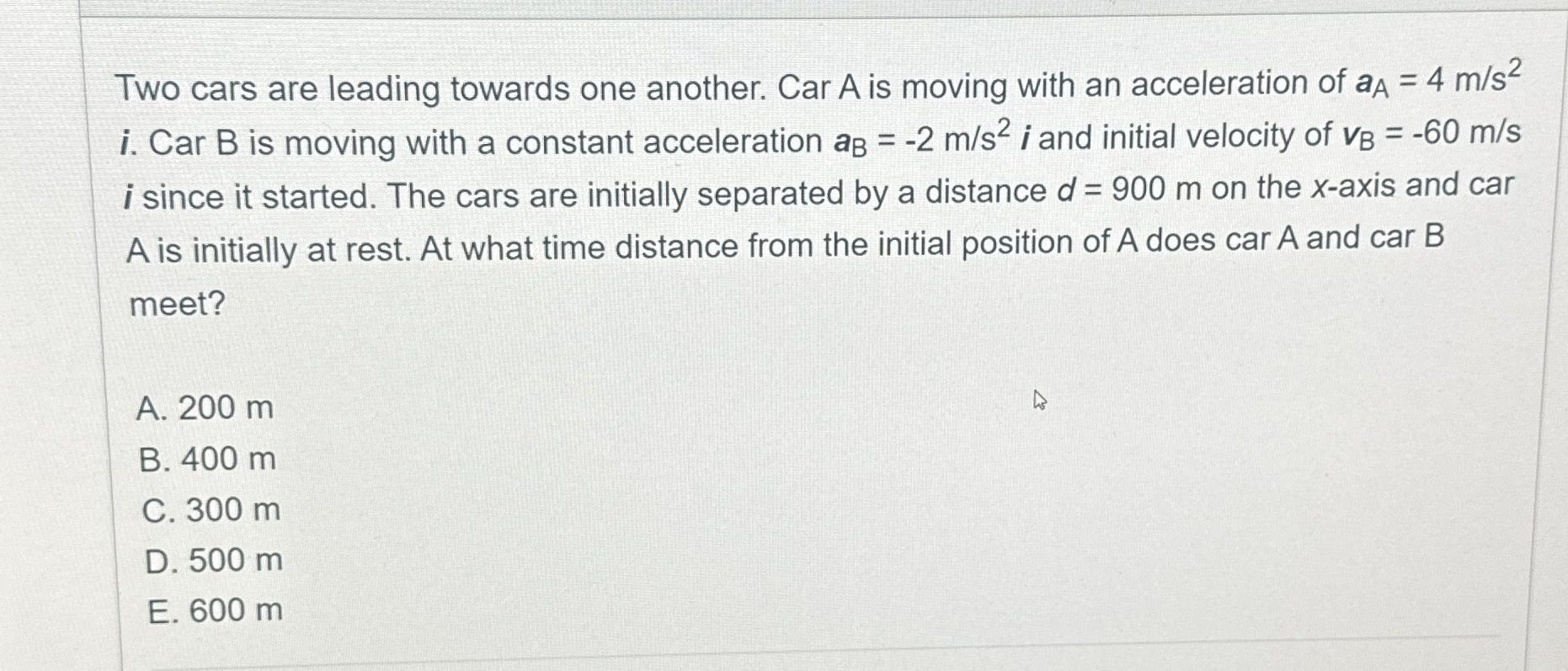 Two cars are leading towards one another. Car A