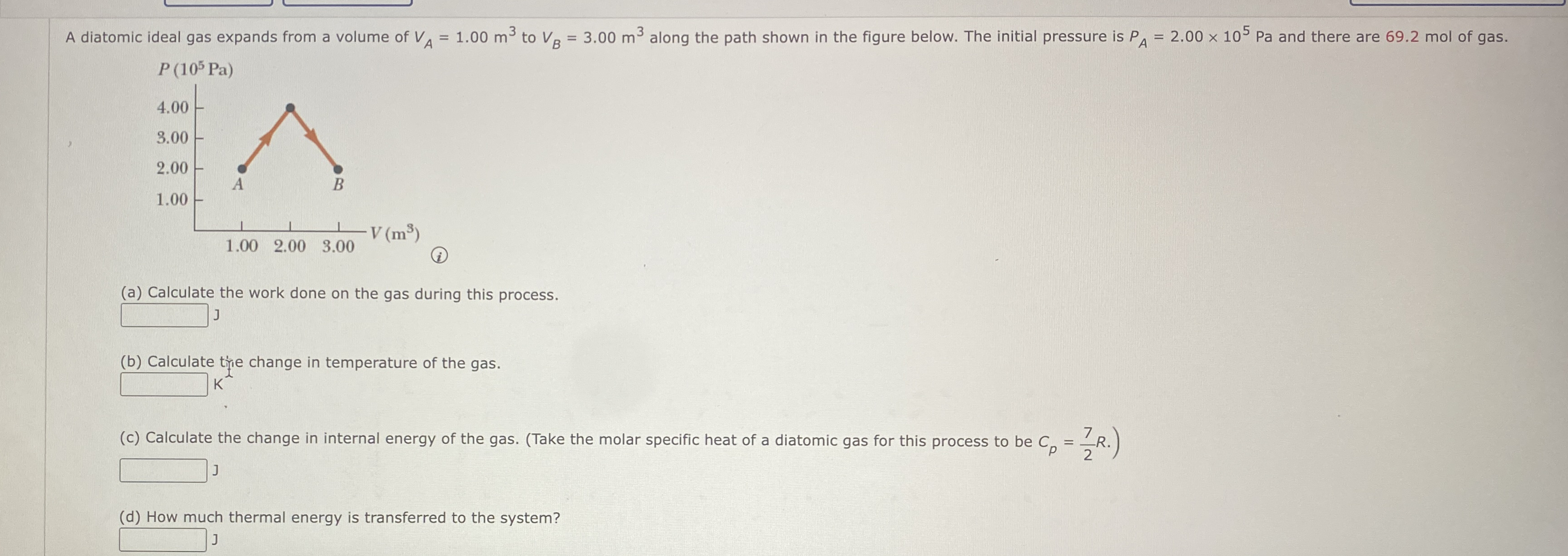 A diatomic ideal gas expands from a volume of V A