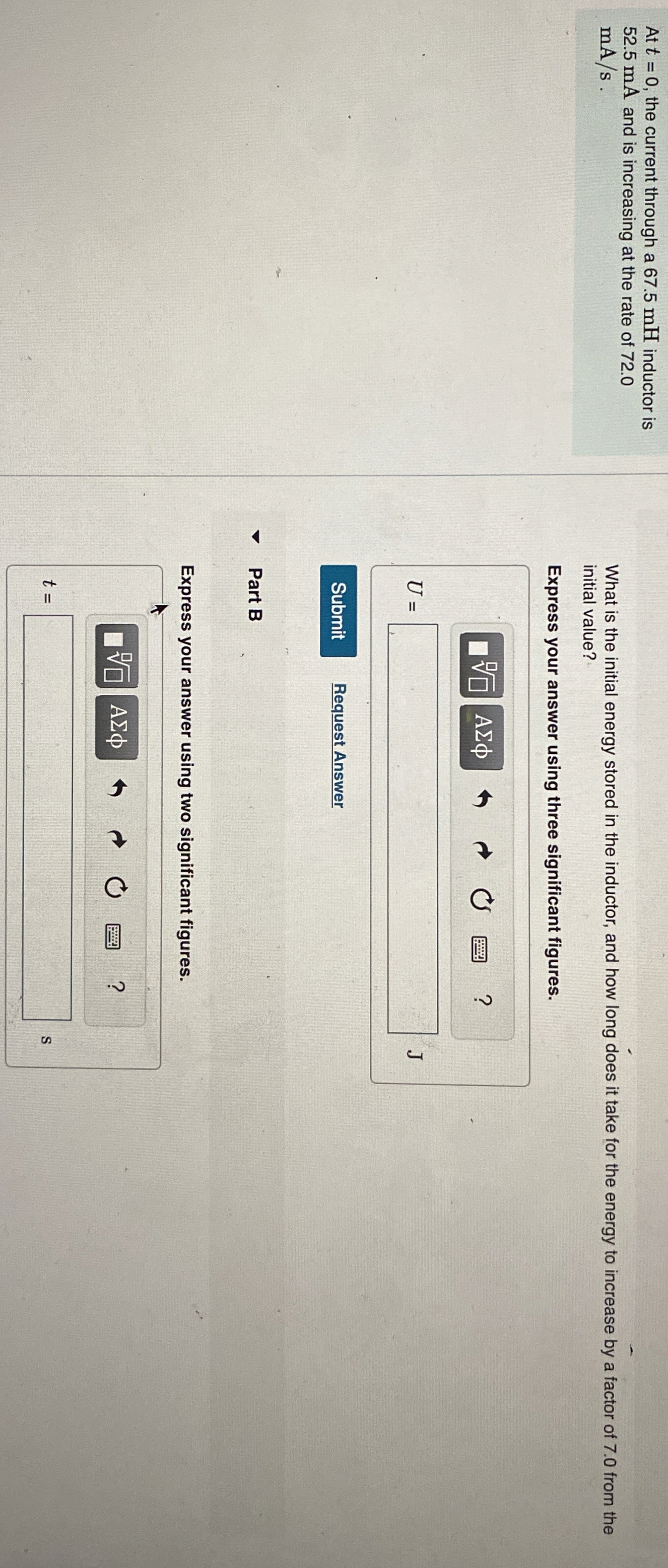At t = 0 , the current through a 6 7 . 5 mH