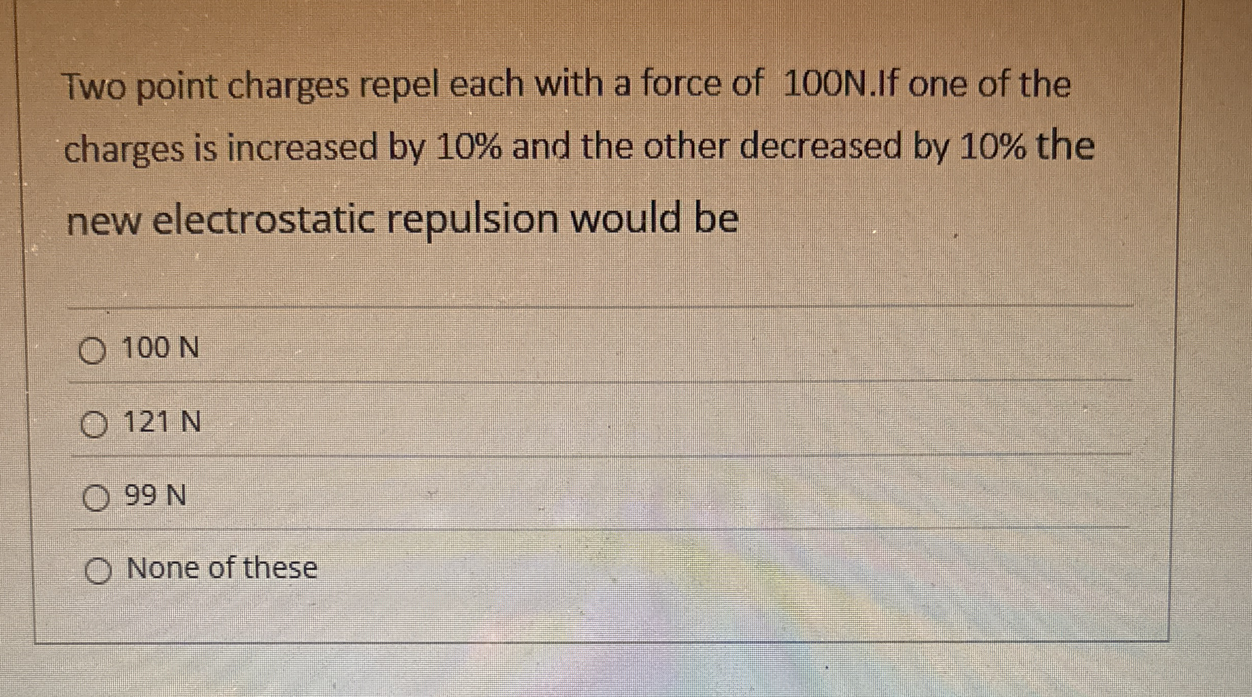 Two point charges repel each with a force of 1 0