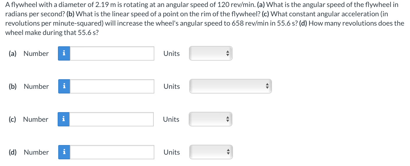 A flywheel with a diameter of 2 . 1 9 m is