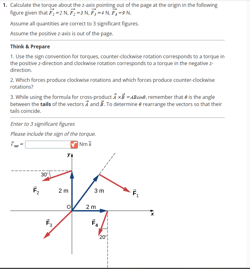 Calculate the torque about the z - axis pointing