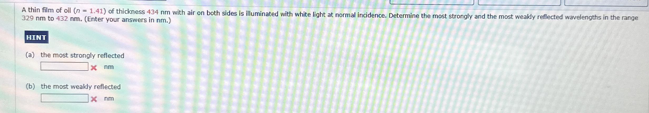 A thin film of oil ( n = 1 . 4 1 ) of thickness 4