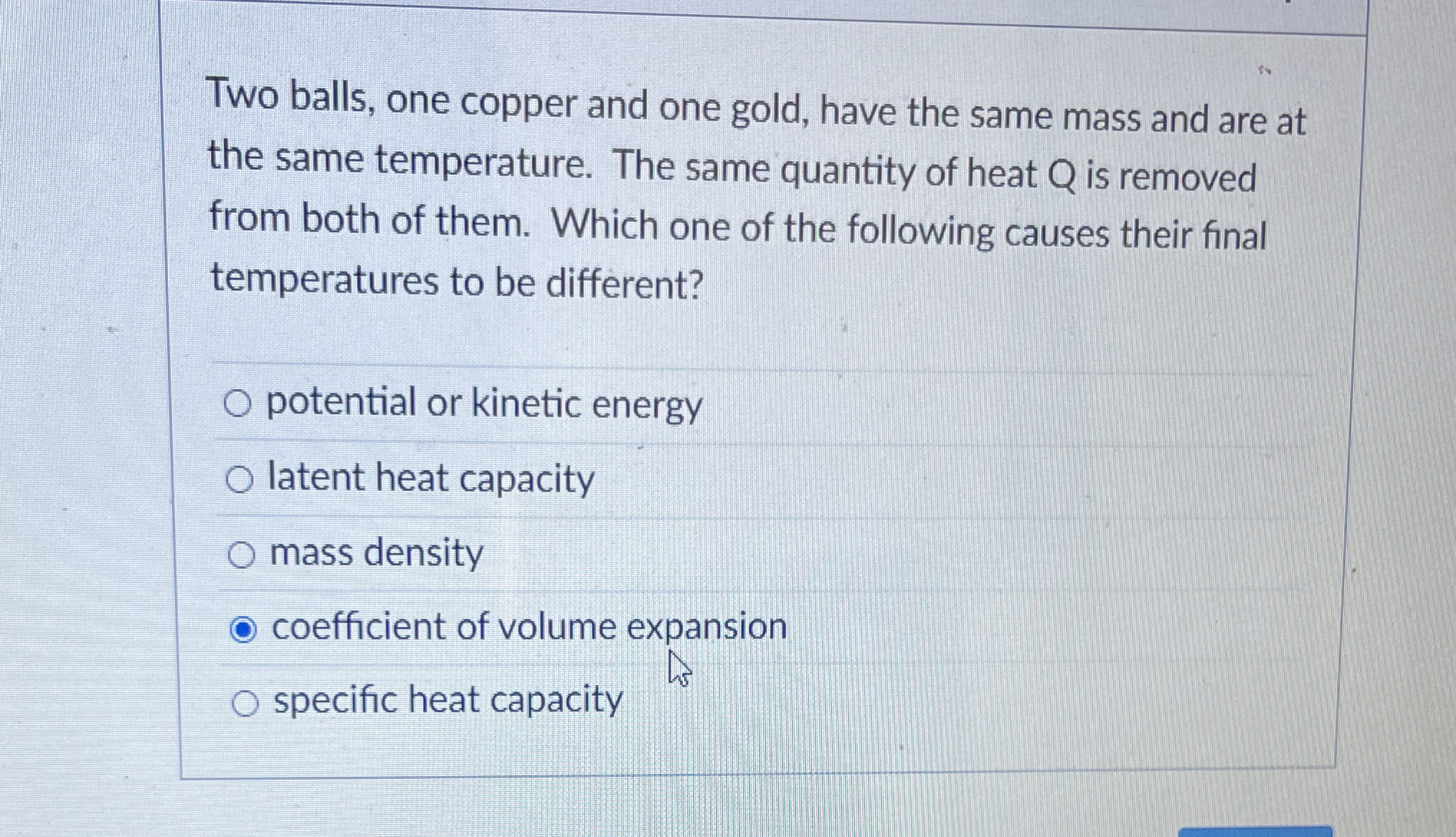 Two balls, one copper and one gold, have the same
