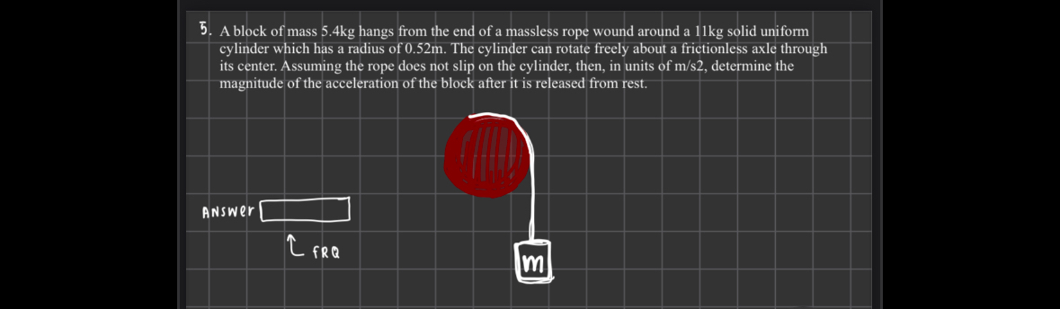 A block of mass 5 . 4 kg hangs from the end of a