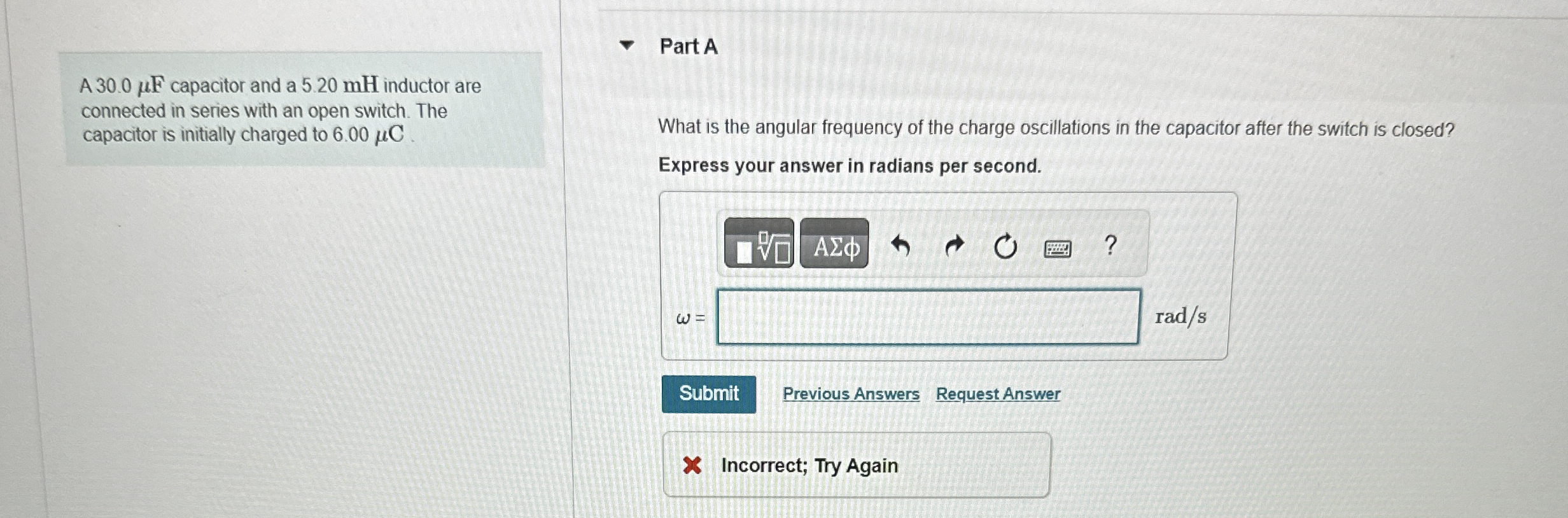 A 3 0 . 0 F capacitor and a 5 . 2 0 mH inductor