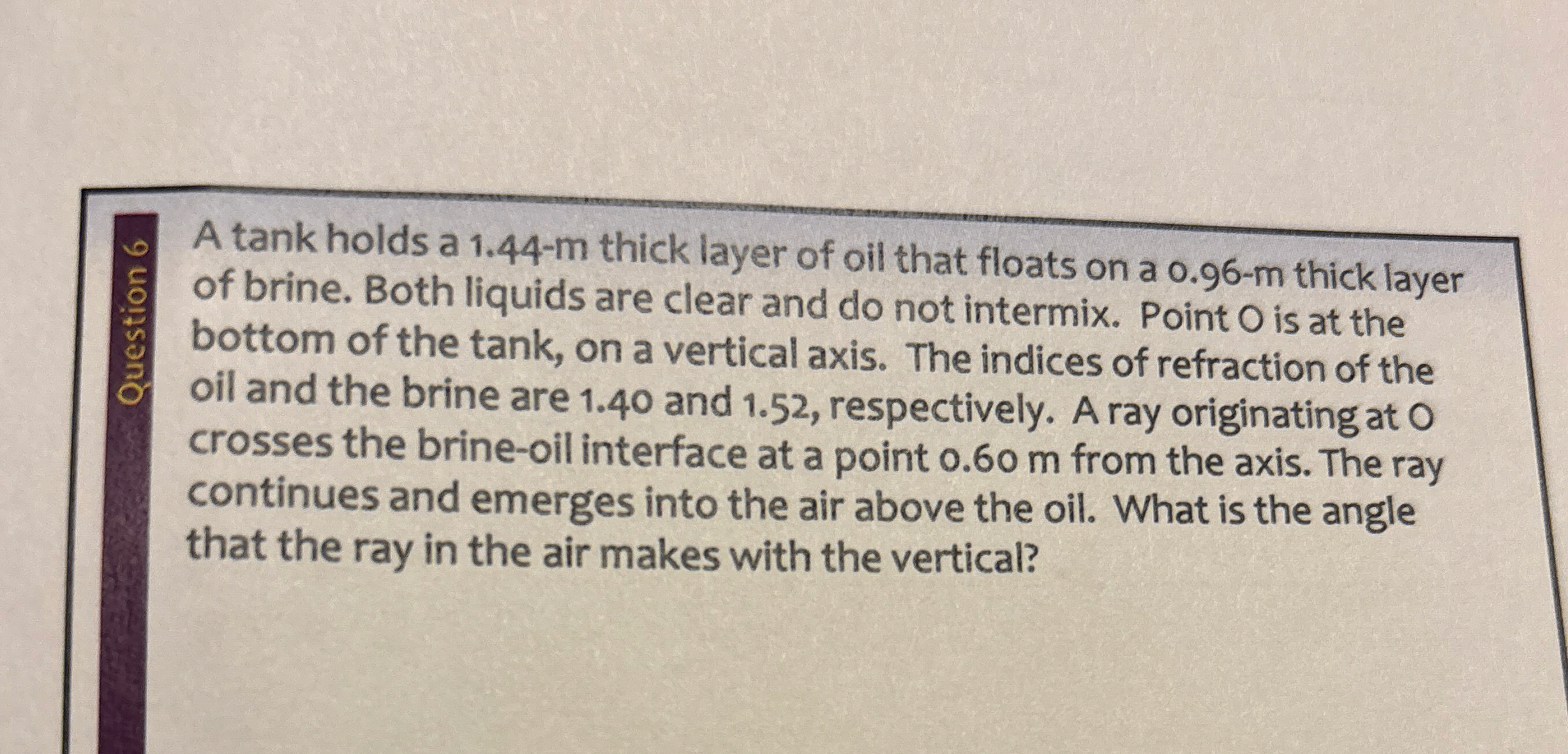 A tank holds a 1 . 4 4 - m thick layer of oil