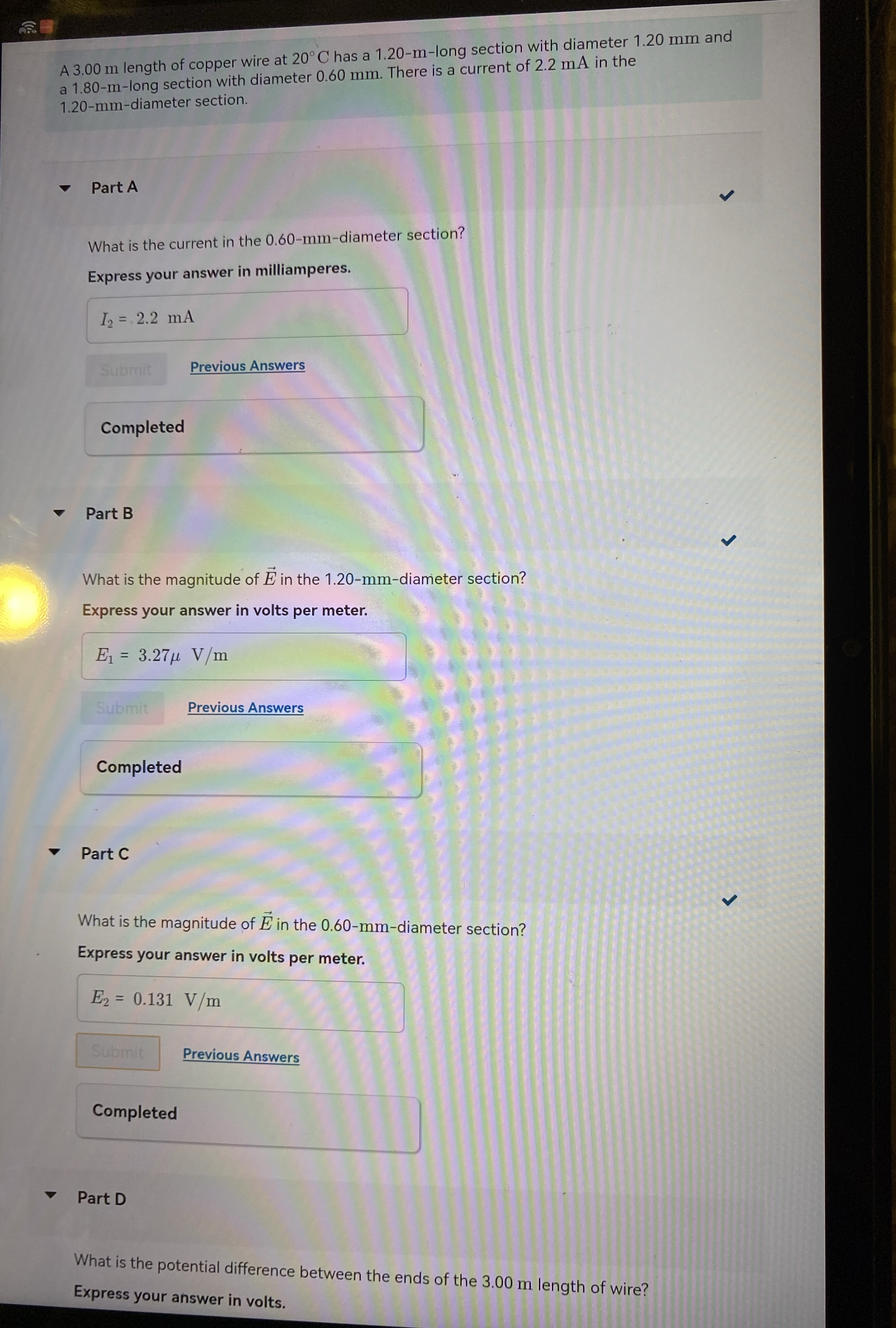 A 3 . 0 0 m length of copper wire at 2 0 C has a