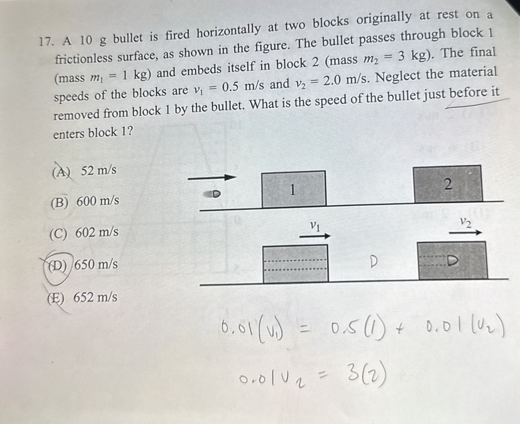 A 1 0 g bullet is fired horizontally at two