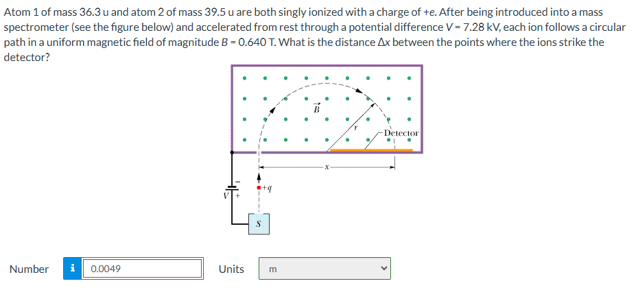 Atom 1 of mass 3 6 . 3 u and atom 2 of mass 3 9 .