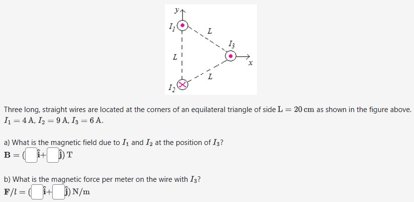 Three long, straight wires are located at the