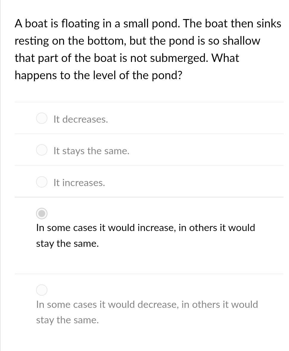 A boat is floating in a small pond. The boat then