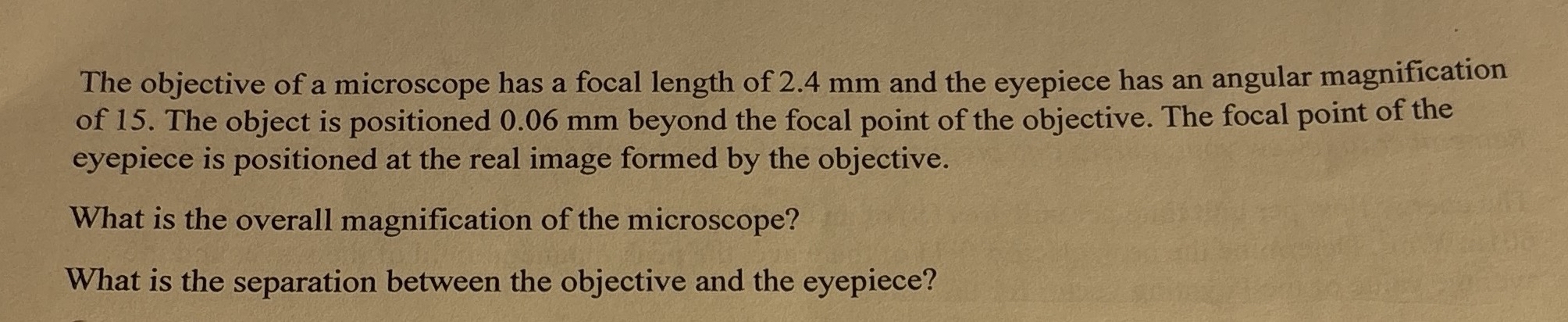 The objective of a microscope has a focal length