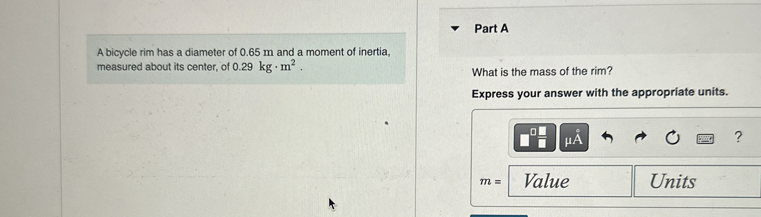 A bicycle rim has a diameter of 0 . 6 5 m and a
