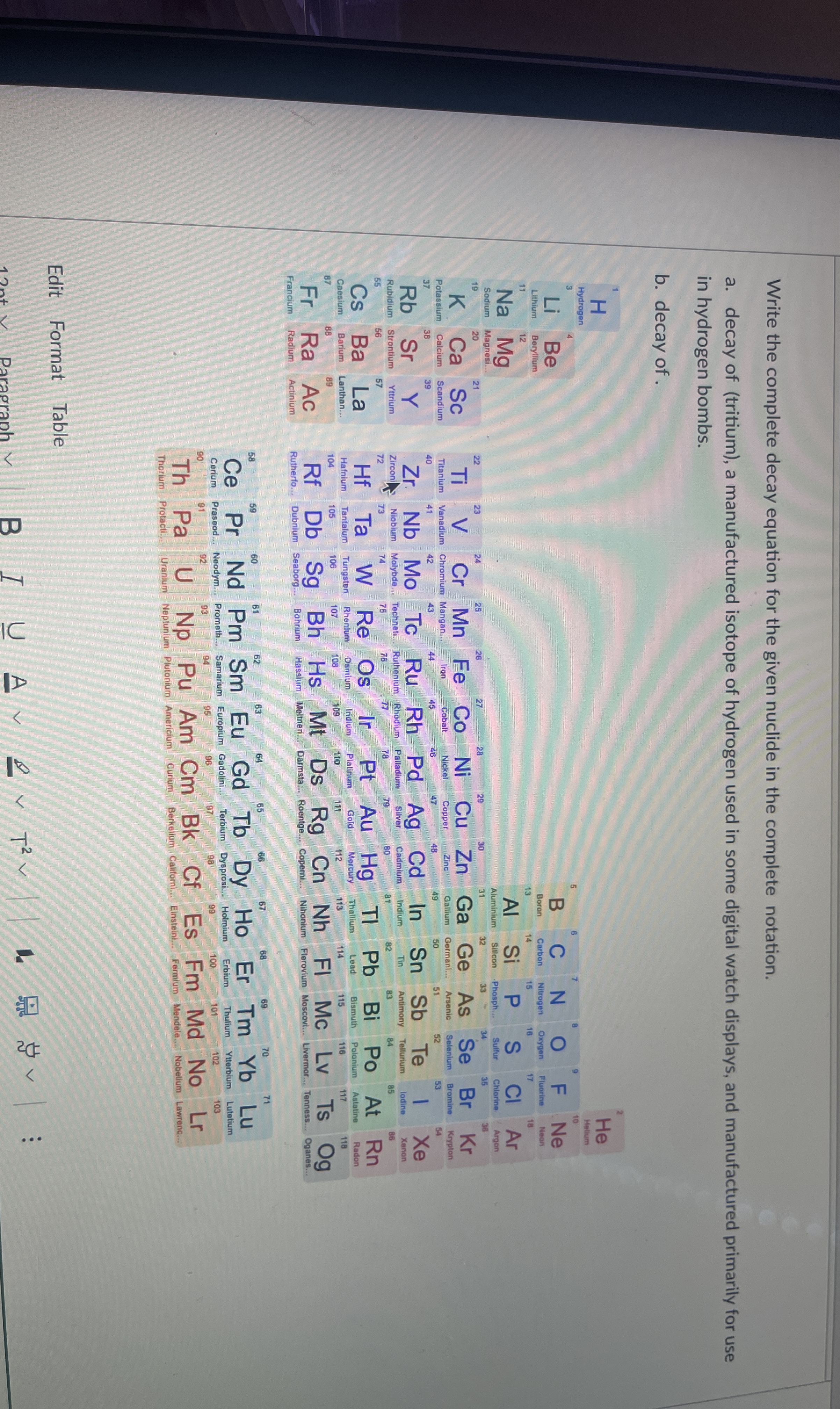 Write the complete decay equation for the given