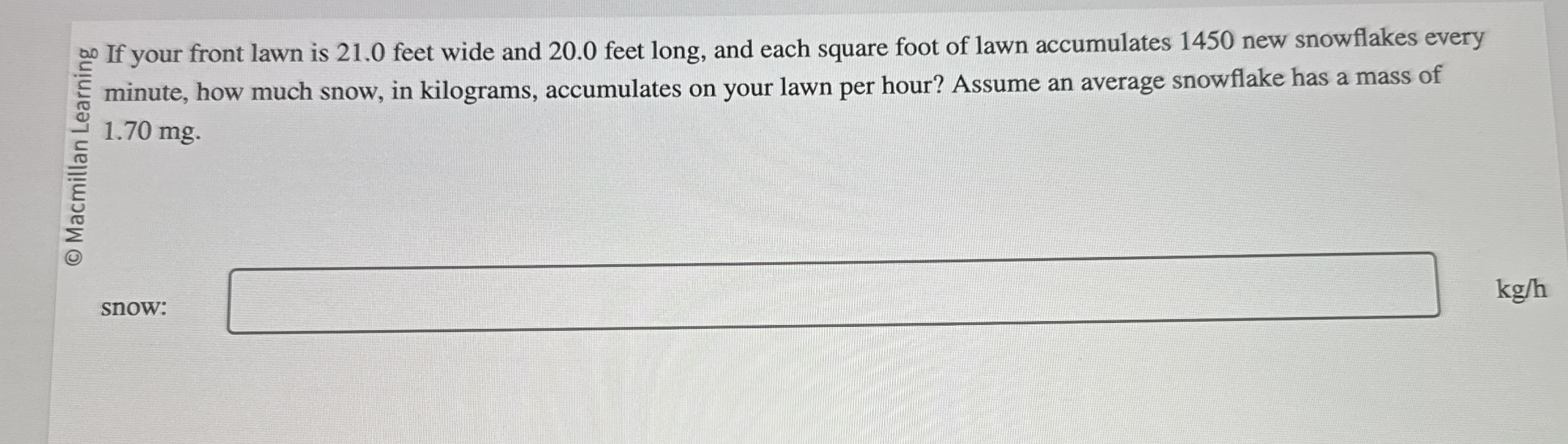 minute, how much snow, in kilograms, accumulates
