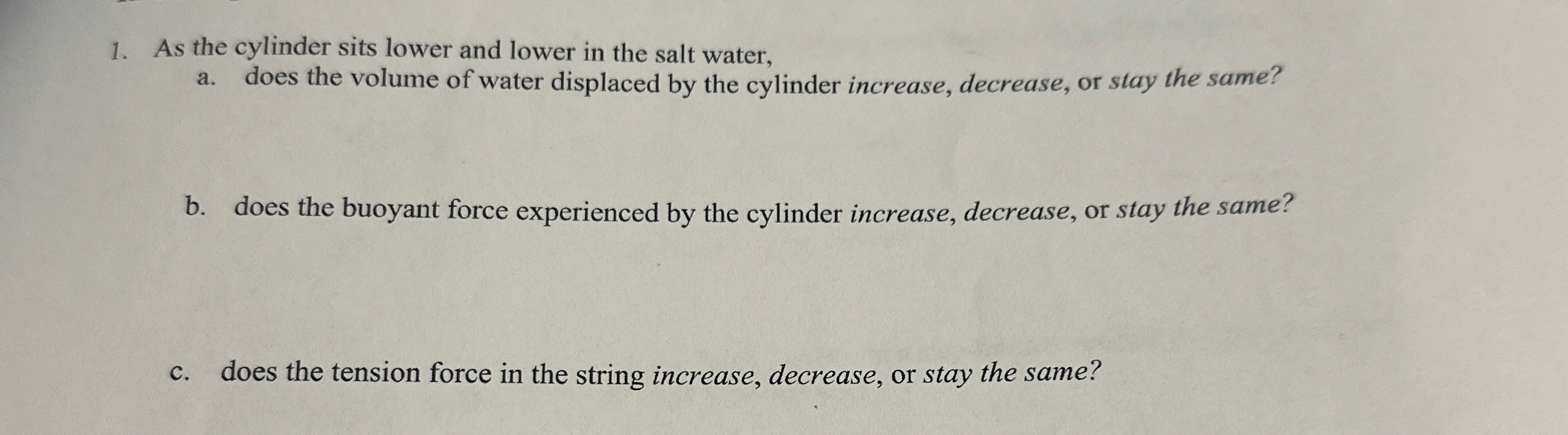 As the cylinder sits lower and lower in the salt
