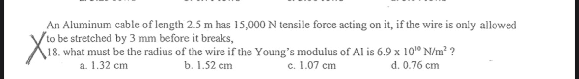 An Aluminum cable of length 2 . 5 m has 1 5 , 0 0