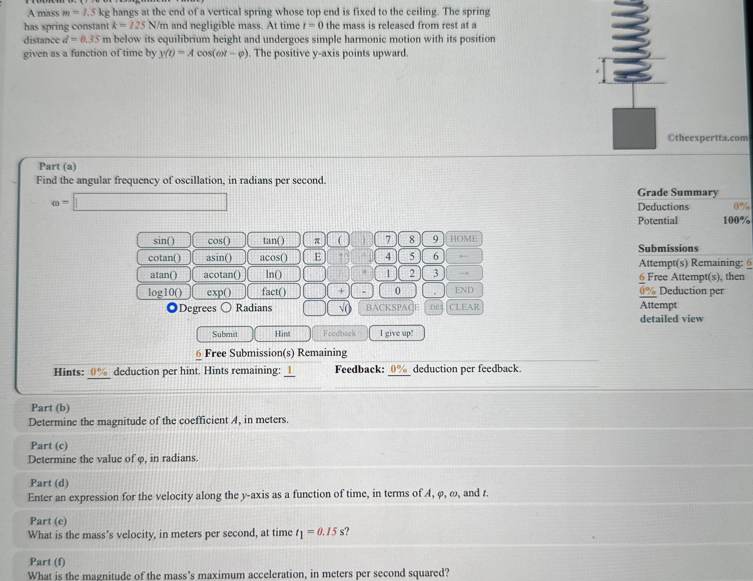 A mass m = 1 . 5 k g hangs at the end of a