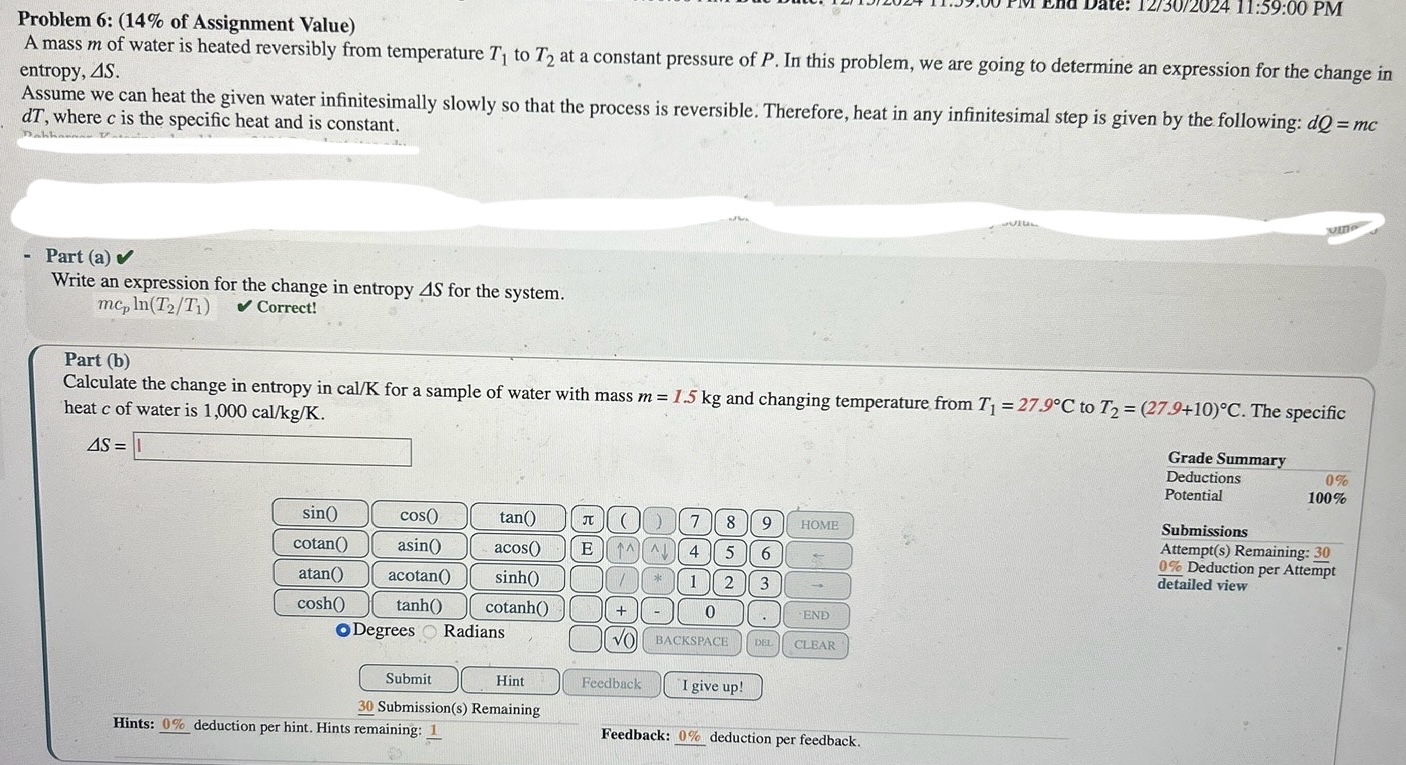 PLease help with part b A mass m of water is