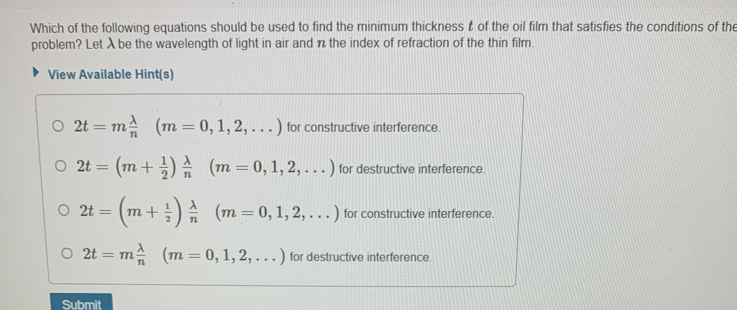 Which of the following equations should be used