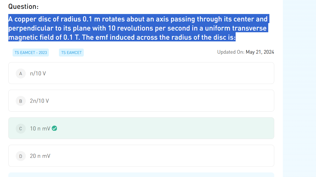 Question: A copper disc of radius 0 . 1 m rotates