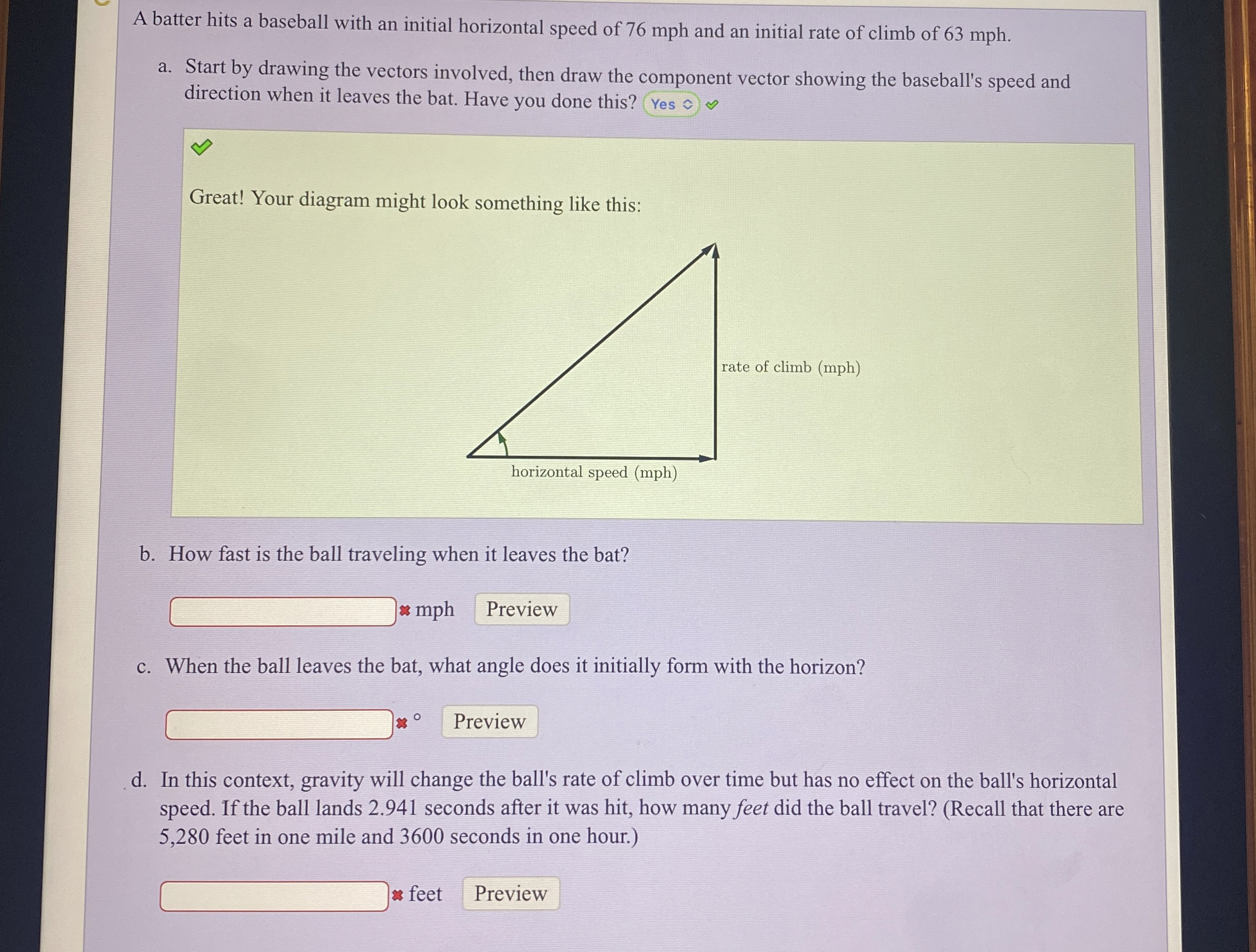 A batter hits a baseball with an initial