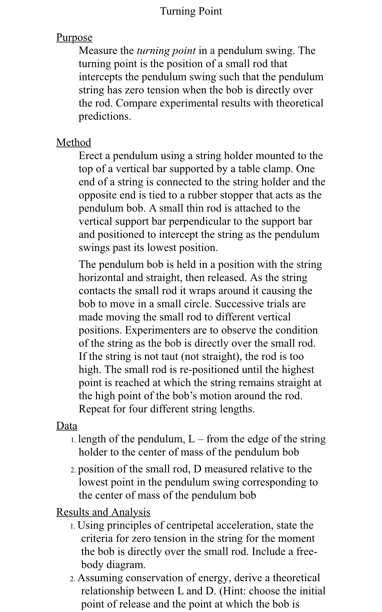 Phy 2 0 4 8 L lab turning point Purpose Measure
