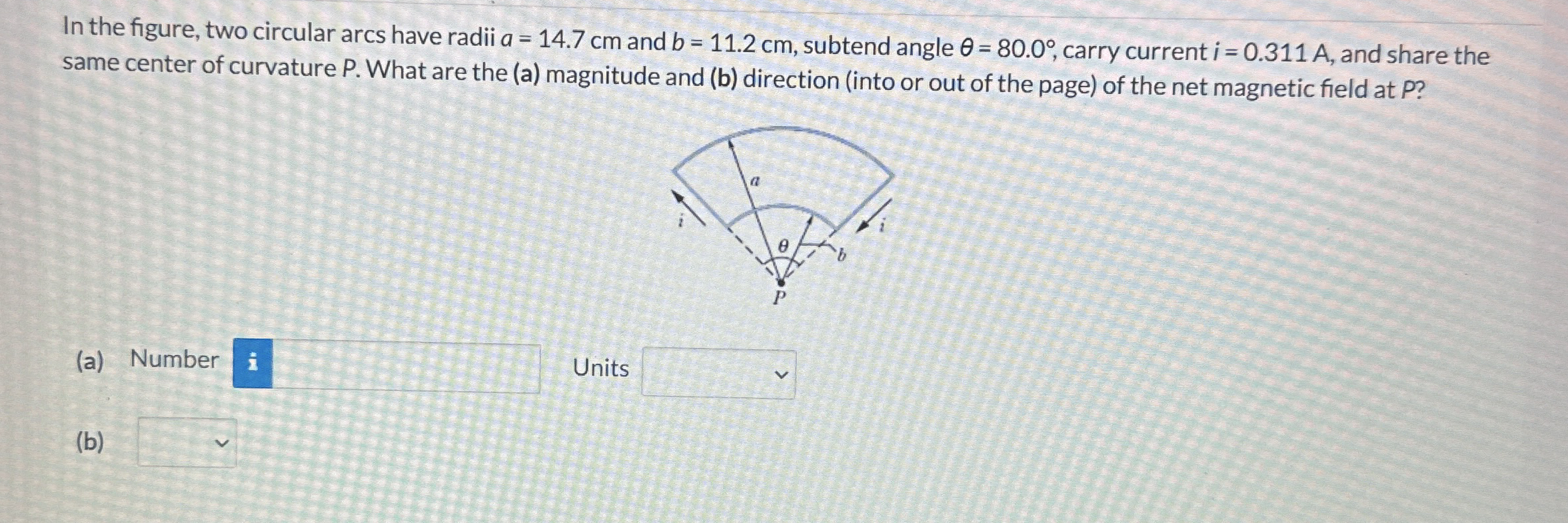 In the figure, two circular arcs have radii a = 1
