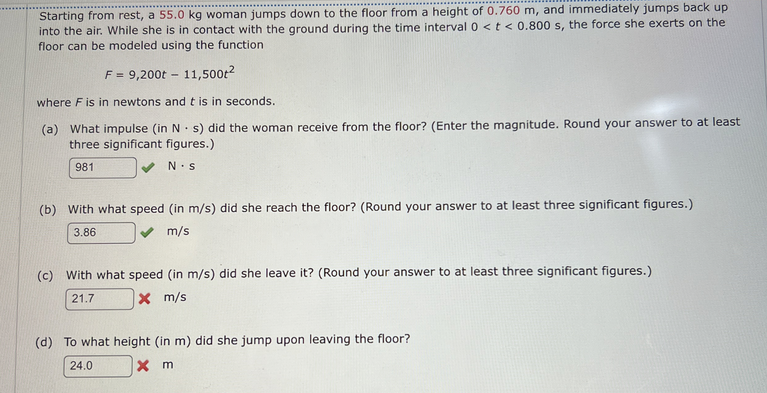 Starting from rest, a 5 5 . 0 kg woman jumps down