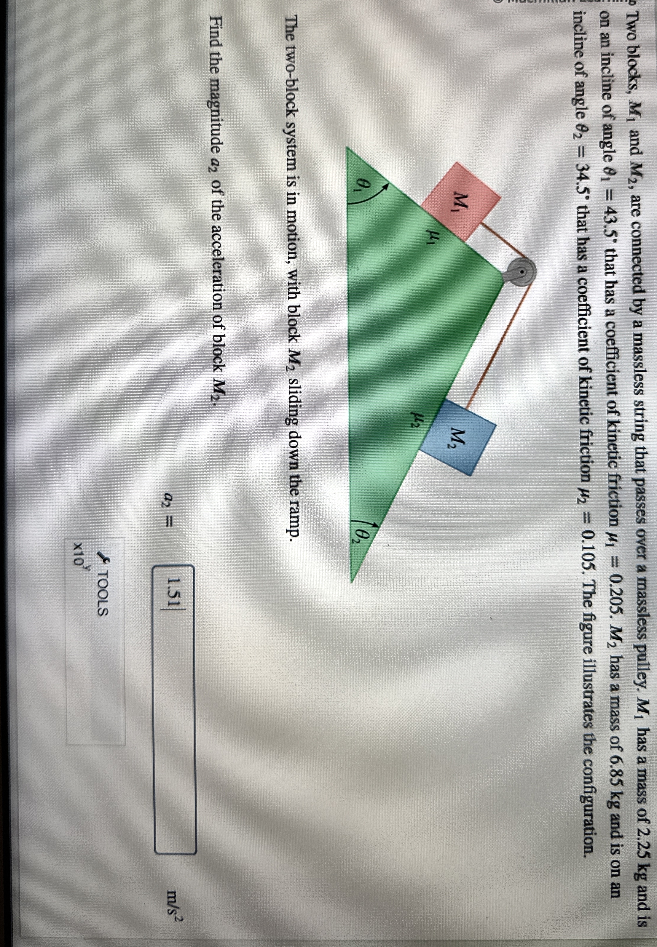 Two blocks, M 1 and M 2 , are connected by a