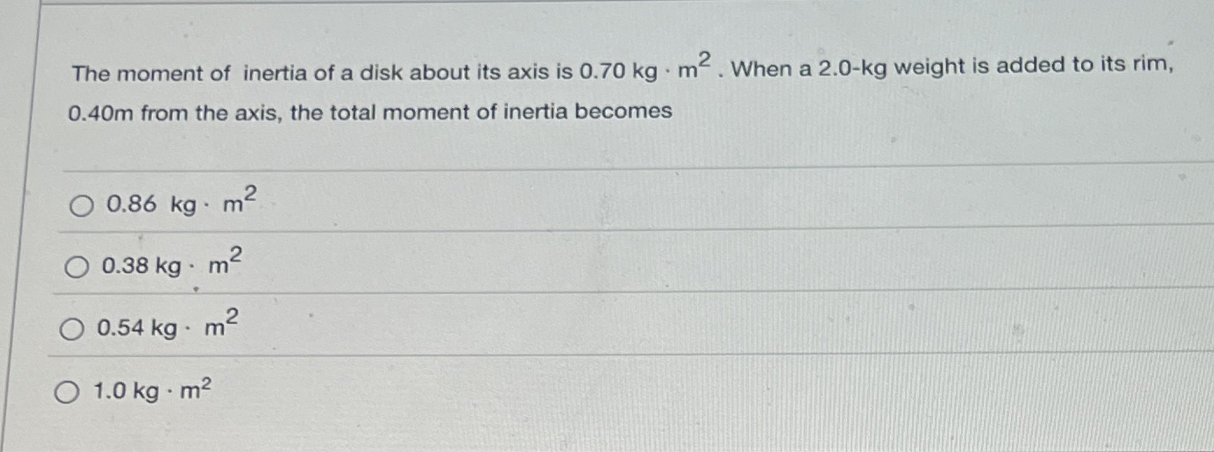 The moment of inertia of a disk about its axis is