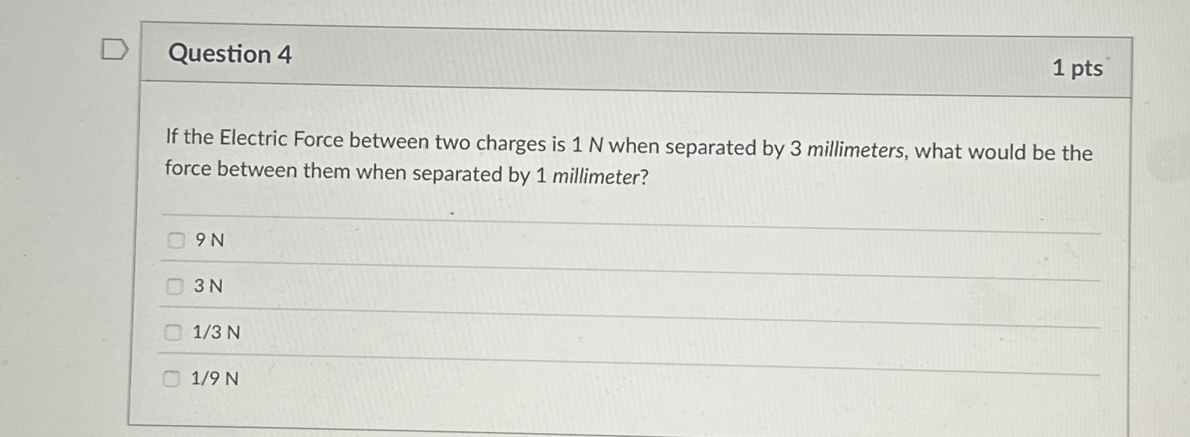 Question 4 1 pts If the Electric Force between