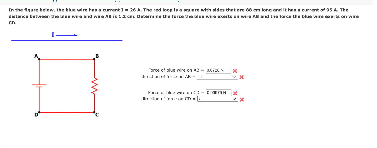 In the figure below, the blue wire has a current