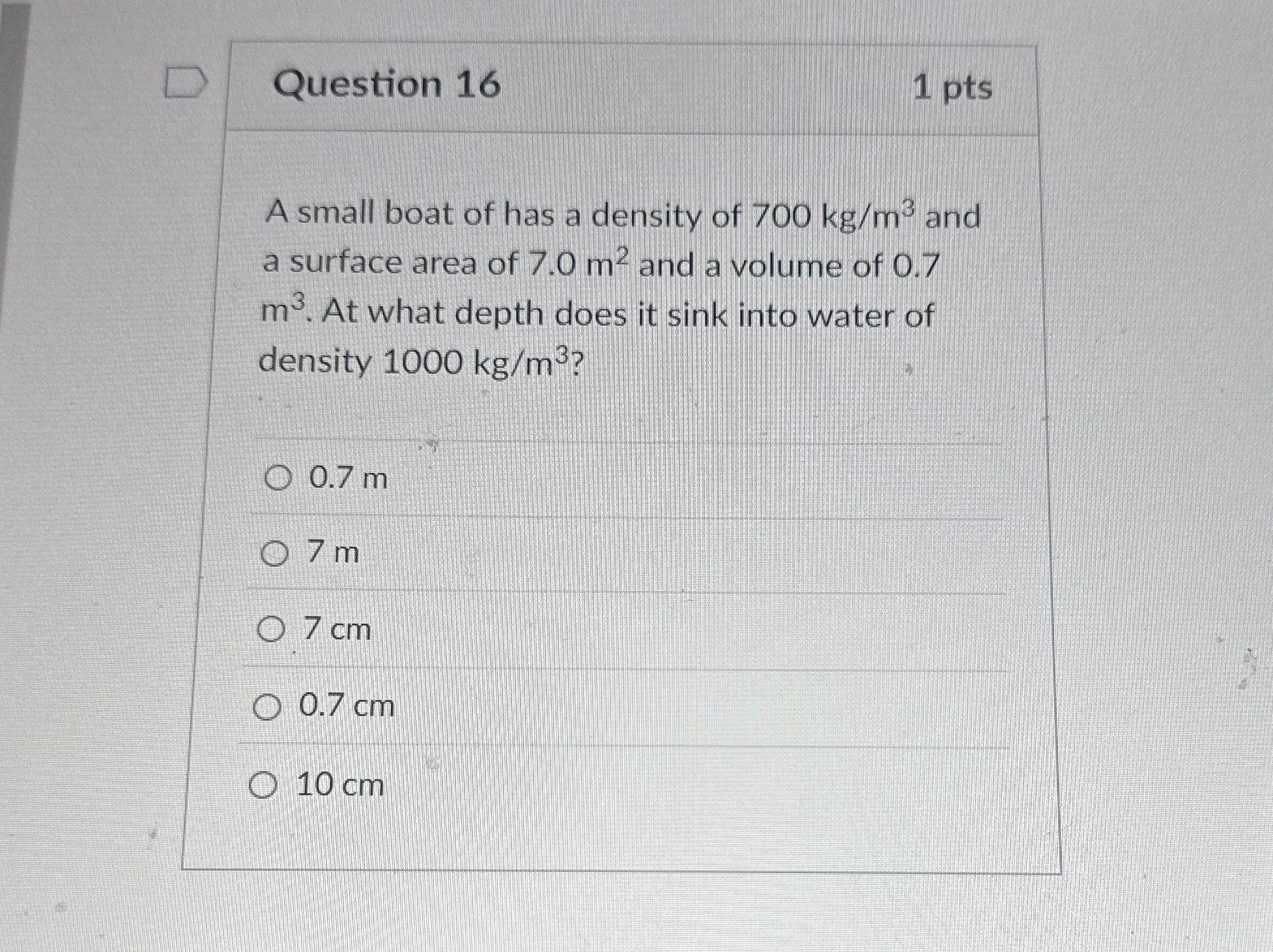 Question 1 6 1 pts A small boat of has a density