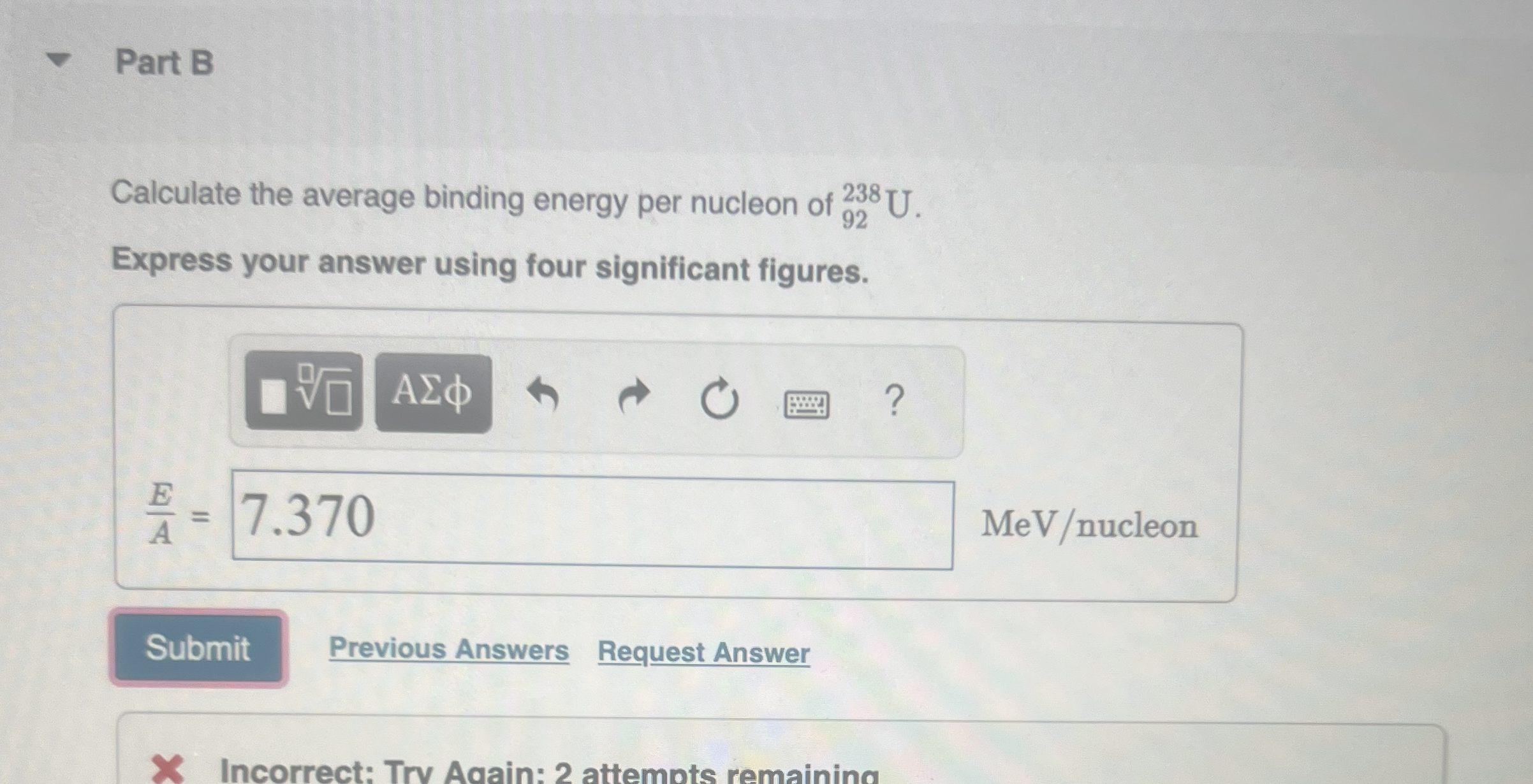 Part B Calculate the average binding energy per