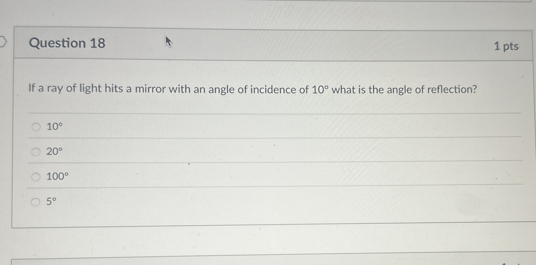 Question 1 8 1 pts If a ray of light hits a