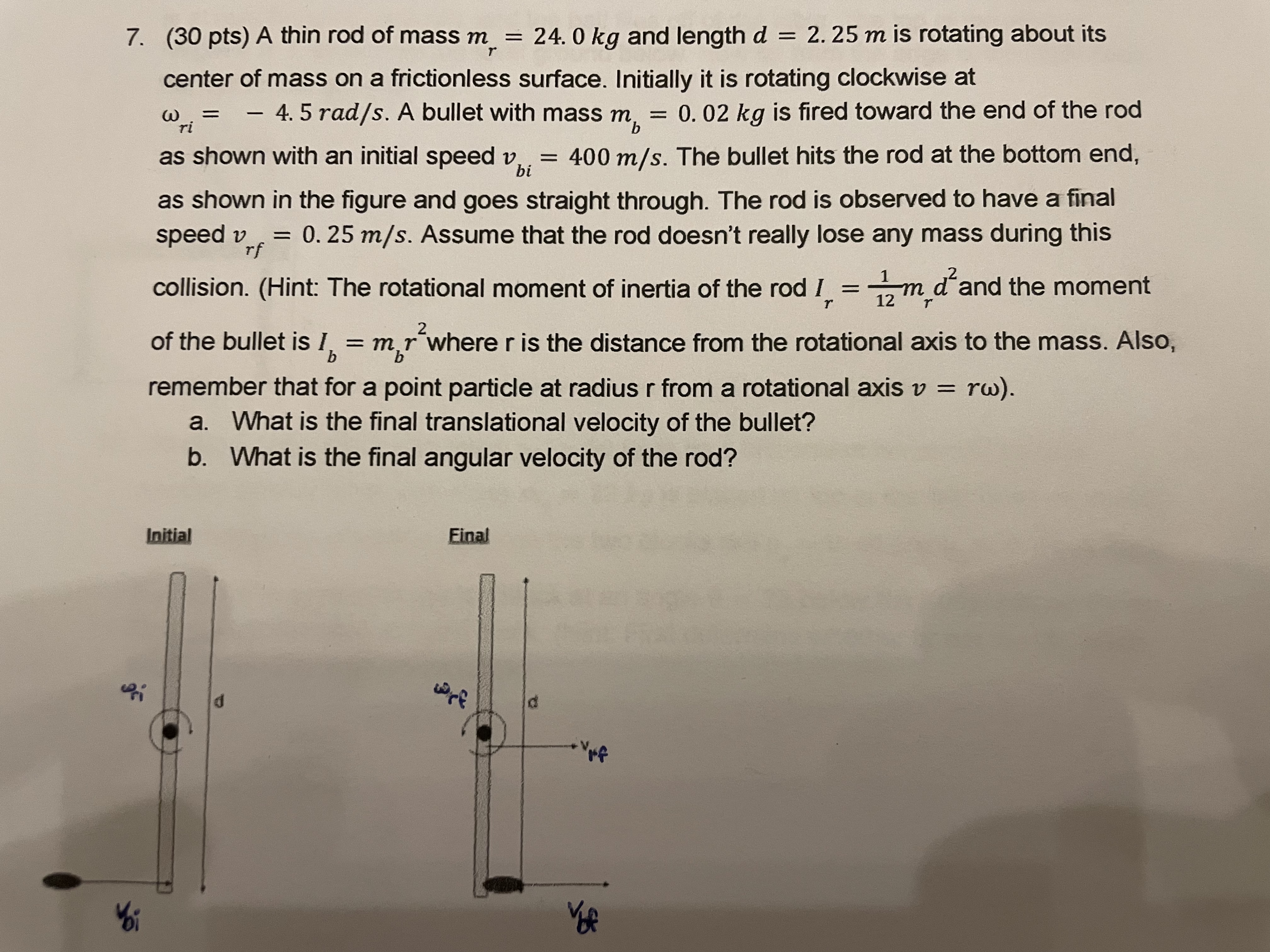 ( 3 0 pts ) A thin rod of mass m r = 2 4 . 0 k g