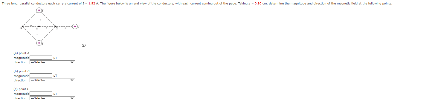 Three long, parallel conductors each carry a